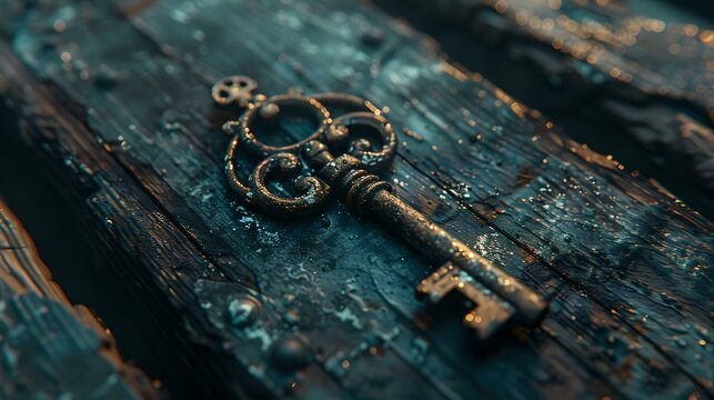 Vintage key on rustic wooden surface. a sense of mystery and discovery. royalty-free stock photo. perfect for themed projects. AI