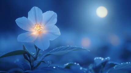A close-up of a blooming night jasmine  its delicate petals glowing softly in the moonlight ...