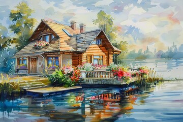Fototapeta premium A tranquil watercolor image of a house sitting on the water's edge. Decorated with colorful flowers