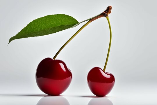 Red cherries with a long stem,  two glossy cherry fruits image cereja, ciliegia, cereza, stock photo