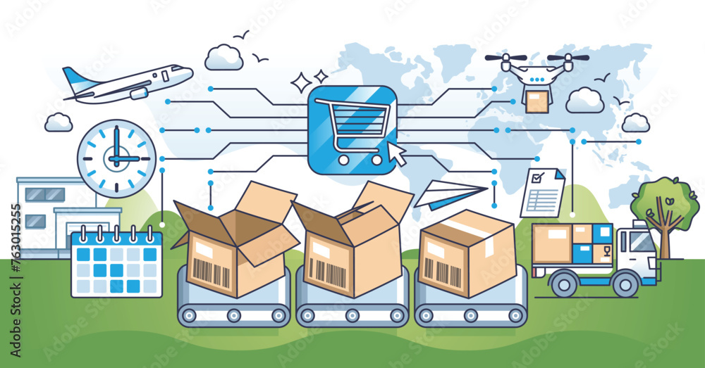 Aufkleber order fulfillment in e-commerce business and package handling outline concept. effective and fast wa