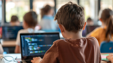 School children engage in interactive coding lessons on laptops, fostering digital literacy and computational thinking skills for the future