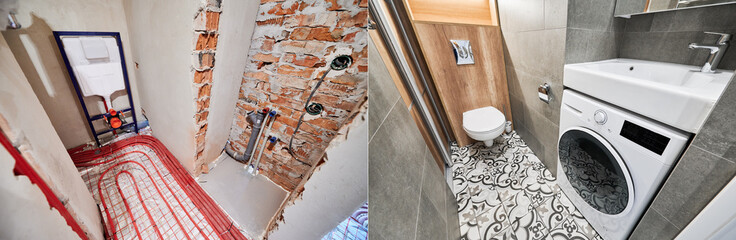 Comparison of washroom lavatory with wall-hung flush toilet before and after renovation. Restroom...