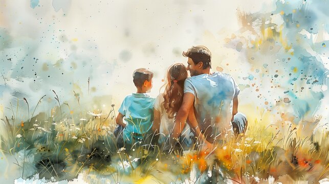 Watercolor happy family sitting in a summer field  - Powered by Adobe