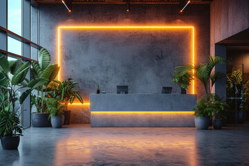 contemporary corporate or business office, fine dining restaurant branding white empty blank neon sign frame mockup template for identity logo branding at modern reception wall background