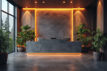 contemporary corporate or business office, fine dining restaurant branding white empty blank neon sign frame mockup template for identity logo branding at modern reception wall background