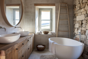 Rustic Elegance. Cozy Bathroom Interior with Freestanding Tub and Wooden Accents. Serene Spa Ambiance. Stone Walled Bathroom with Natural Wood and Oval Bathtub