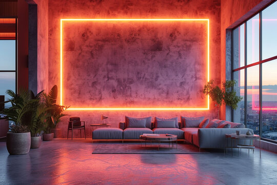 contemporary corporate or business office, fine dining restaurant branding white empty blank neon sign frame mockup template for identity logo branding at modern reception wall background