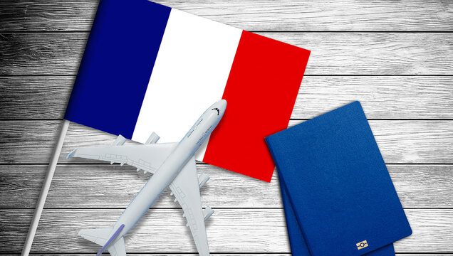  Illustration of a passenger plane flying over the flag of France. Concept of tourism and travel