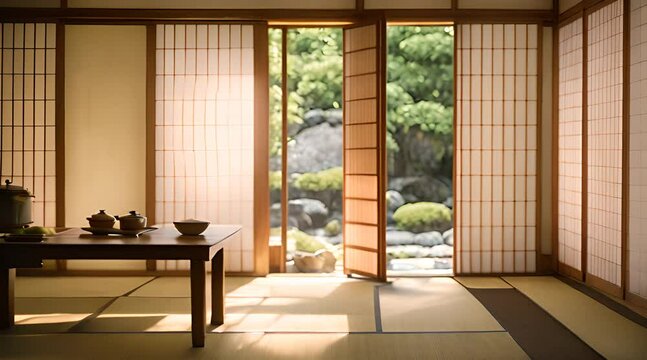 Minimalist Zen, A Simple Room with Sliding Doors and a Tea Set Awaits