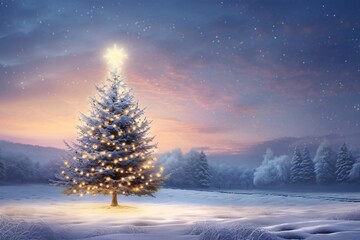a tree with lights and a star in the middle of snow