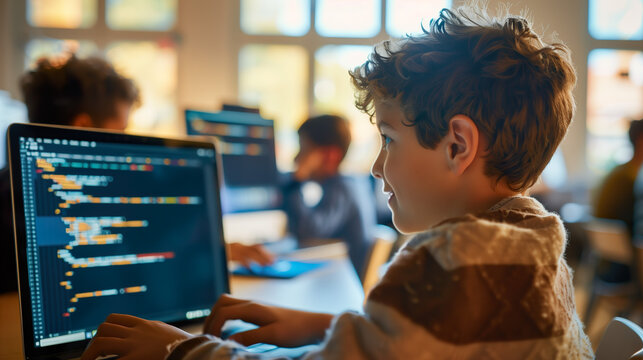 School children engage in interactive coding lessons on laptops, fostering digital literacy and computational thinking skills for the future