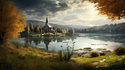 Beautiful landscape view in front of the lake which re
