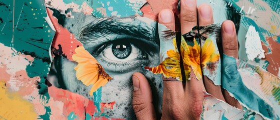 Conceptual poster with a male hand with eyes - search concept. Contemporary art collage, modern design. Hands with eyes. Trendy colors. Copyspace for your ad. Surreal concept.