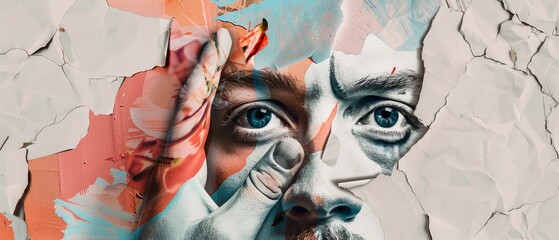 Male hand with eyes - search concept. Abstract art collage design, modern aesthetic. Trendy colors. Copyspace for your ad.