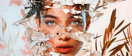 It is a portrait of young woman made out of different pieces of faces, a modern art collage. It shows a new vision of beauty and fashion, make up, and hairstyle. It conveys modern emotions and