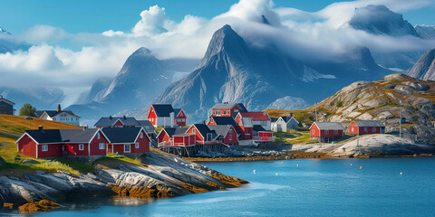Picturesque village on coast of Greenland - obrazy, fototapety, plakaty