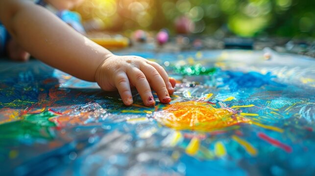 A child's hand is engaging in a tactile art activity, spreading the paint over a colourful canvas.