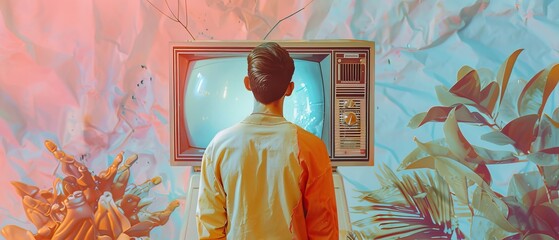 Retro television set with young man stepping into the past. Contemporary art collage 80s. Flyer with square composition. modern artwork.