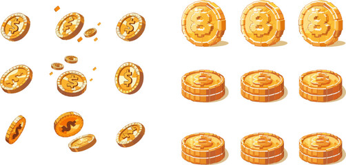 Gold 8 bit coins animation. Coin cash, 8-bit gaming videogame, bonus for game