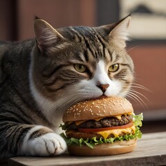 cat eating a burger