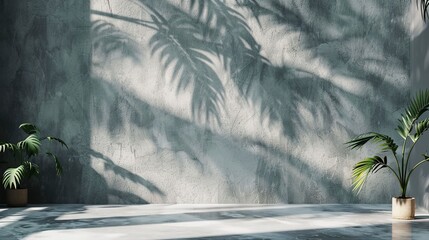 Empty Room with a Gray Wall Serving as the Backdrop, Soft Shadow of Tropical Leaves Gently Dancing Across the Surface. Serene Tropical Ambiance Concept.