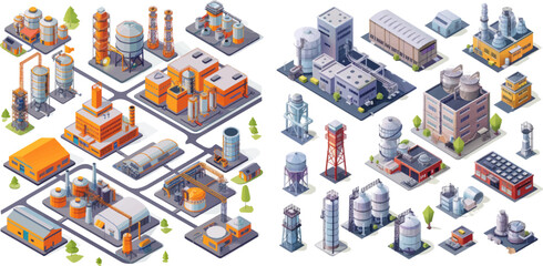  Plant buildings, factories with tanks, pipes, crane vector illustration set