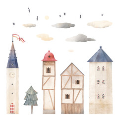 Fairytale houses, clouds, birds. Watercolor illustration. Nice city. Clock tower.