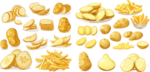 Cartoon potato, raw sliced potatoes, french fries, chips