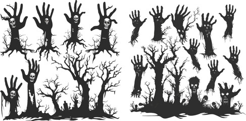 Creepy zombie crooked lambs stick out of graveyard ground vector illustration set - obrazy, fototapety, plakaty