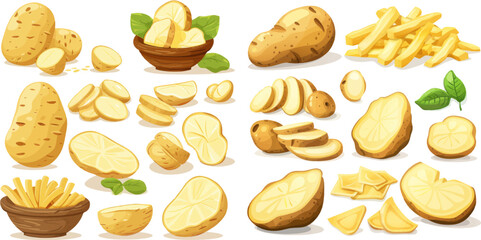 Potatoes vegetable products, chopped and peeled potatoes vector illustration set
