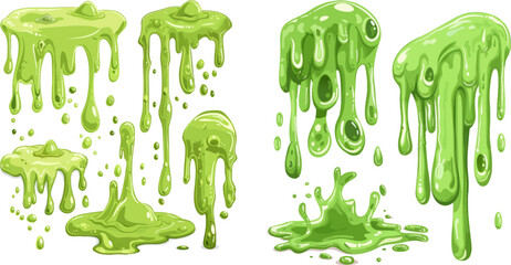  Green sticky alien slime blobs, spooky halloween toxic slime dripping vector illustration set