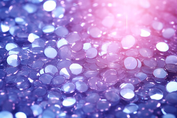 Close-up of small shimmering flat beads in violet hue, capturing their delicate radiance and...