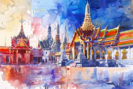 Fascinating watercolor paintings of Wat Phra Kaew Wat Phra Sri Rattana Satsadaram It is an elegant and revered Buddhist temple in Bangkok, Thailand.