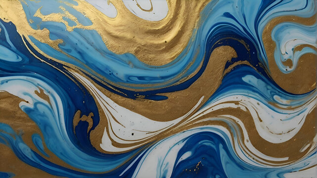 Abstract marble marbled ink painted painting texture luxury background banner - Blue waves swirls gold painted splashes