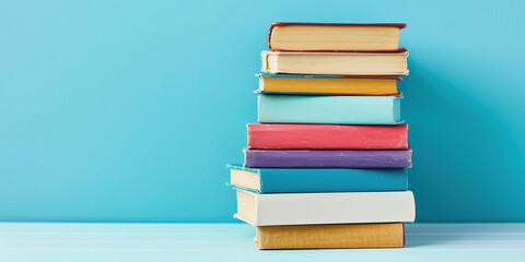 Pile of colorful books on white table with light