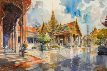 Fascinating watercolor paintings of Wat Phra Kaew Wat Phra Sri Rattana Satsadaram It is an elegant and revered Buddhist temple in Bangkok, Thailand. - obrazy, fototapety, plakaty