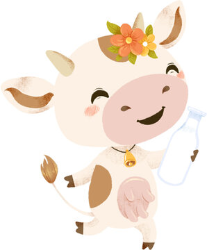 Cute cartoon milky cow with wreath of flowers with bottle of milk. Kawaii cow illustration for dairy products or farm pictures. Transparent background