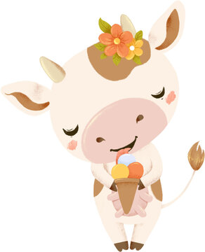 Cute cartoon milky cow with wreath of flowers eats ice cream. Kawaii cow illustration for dairy products or farm pictures. Transparent background