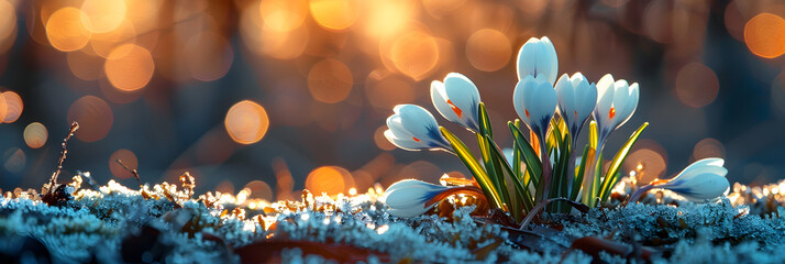Galanthus flowers on bokeh background winter,
Beautiful daisy flowers blooming purple on snow with blurred bokeh background while sunrise
 - obrazy, fototapety, plakaty