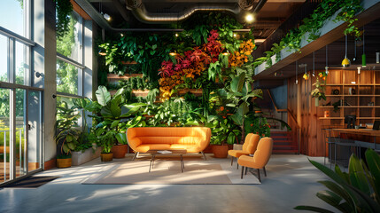 City cafe with wooden tables and chairs spills outdoors amidst blooming flowers