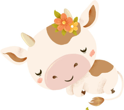 Cute cartoon milky cow with wreath of flowers sleeps. Kawaii cow illustration for dairy products or farm pictures. Transparent background