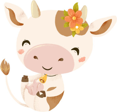 Cute cartoon milky cow with wreath of flowers. Kawaii cow illustration for dairy products or farm pictures. Transparent background