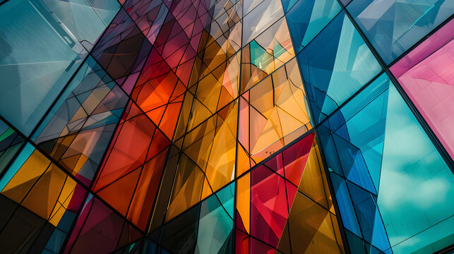 Abstract stained glass background with colorful geometric shapes in a mosaic pattern