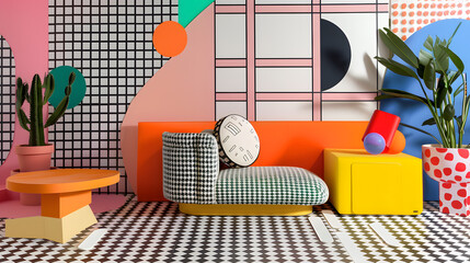 a modern mix Op Art living room with sofa and armchair