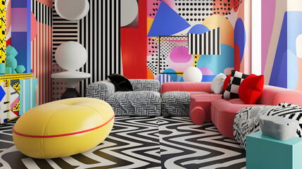 a modern mix Op Art living room with sofa and armchair