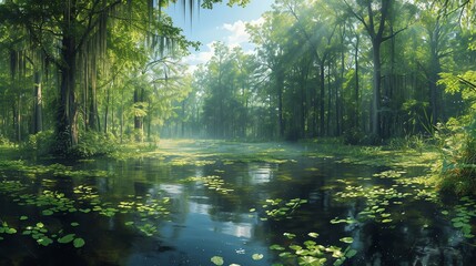 a panoramic view of a serene swamp