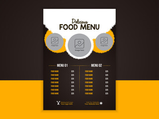 Food Menu Design or Flyer Design Template in Dark Color, A4 Size, Restaurant Food Menu Design