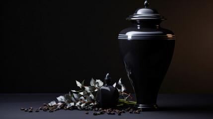 Black memorial urn with cremated remains a token
