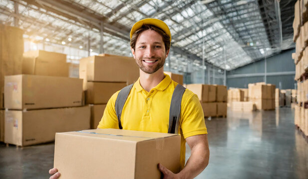 Male delivery worker wearing a yellow shirt and holding a box